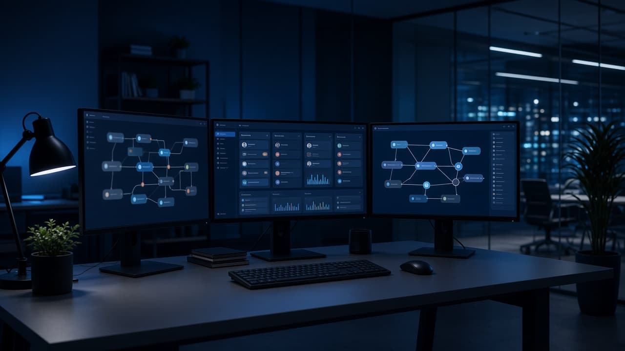 Several monitors showing a connected workflow.
