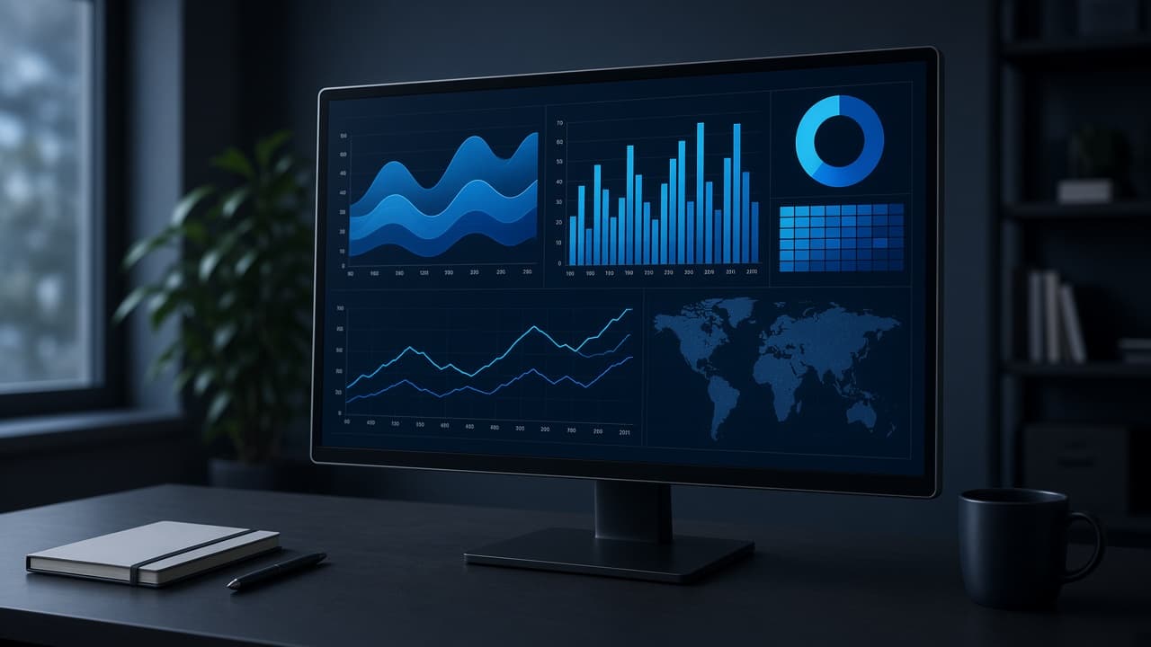 A monitor showing abstract charts.
