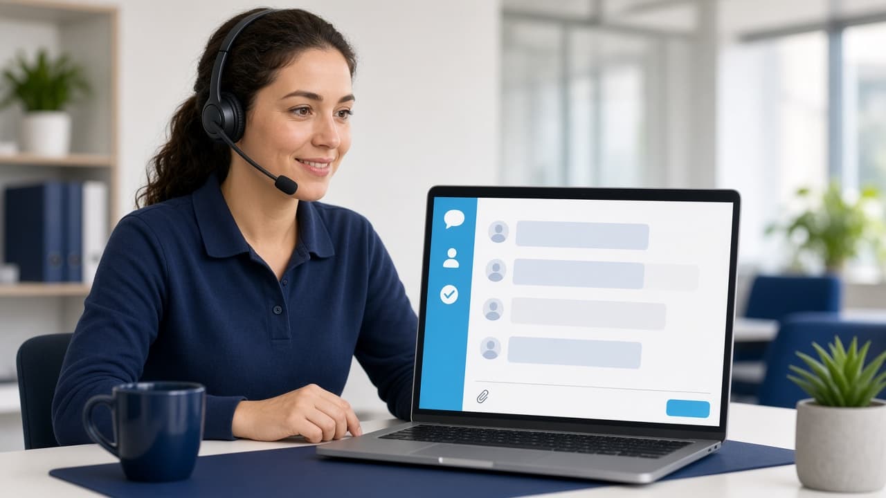 A support specialist beside a laptop.