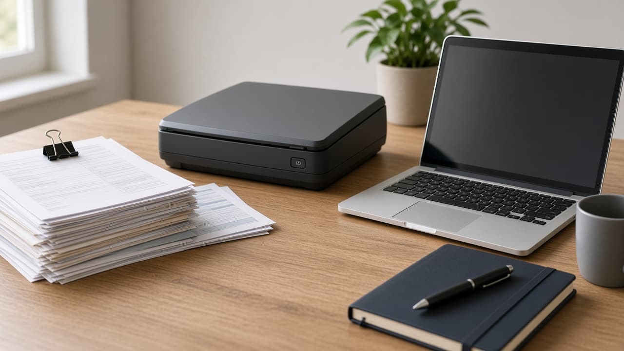 Paper documents and a laptop on a desk.