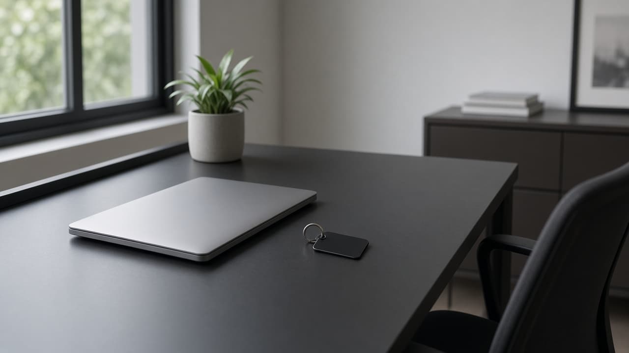 A closed laptop and a key card on a desk.