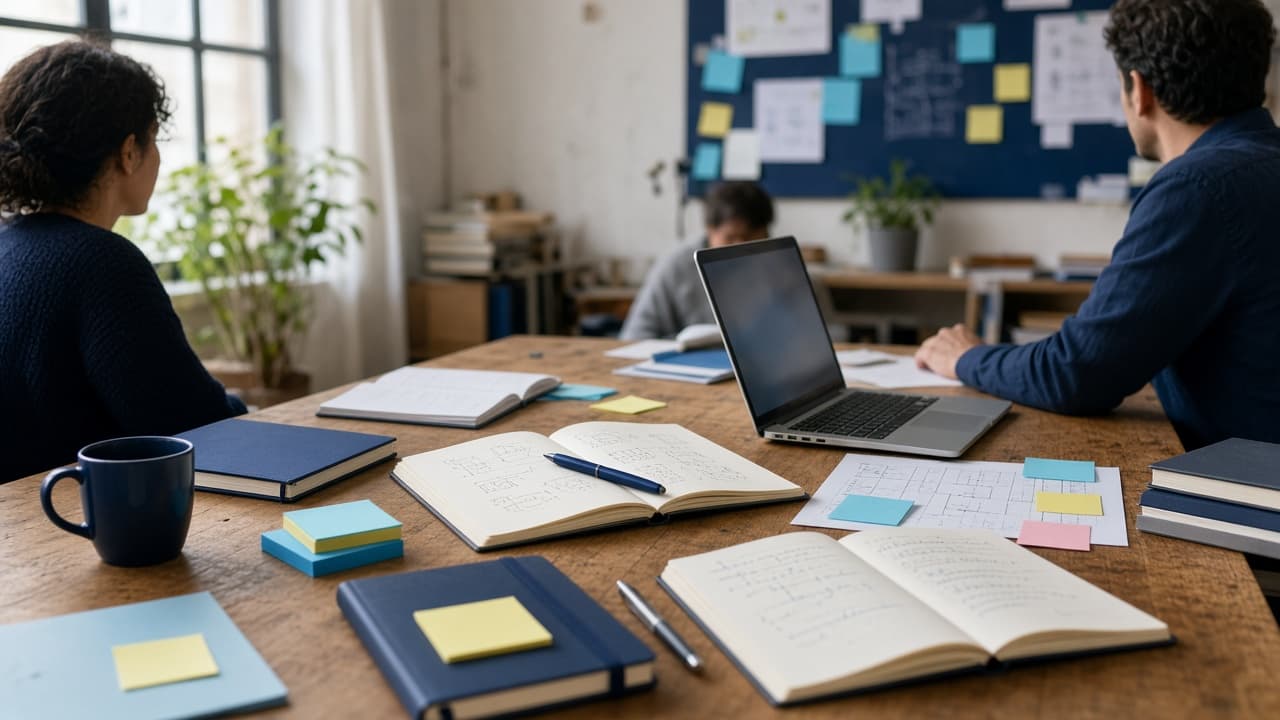 A planning table with notebooks and a laptop.